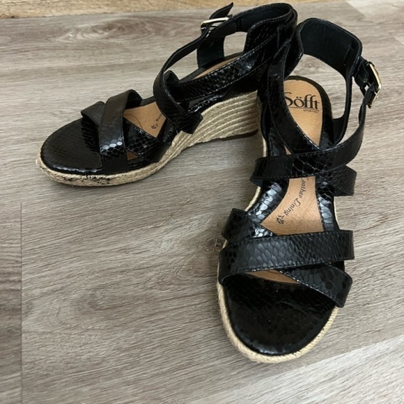 Söfft Black Leather Wedge Sandals with Ankle Closure - Picture 2 of 11